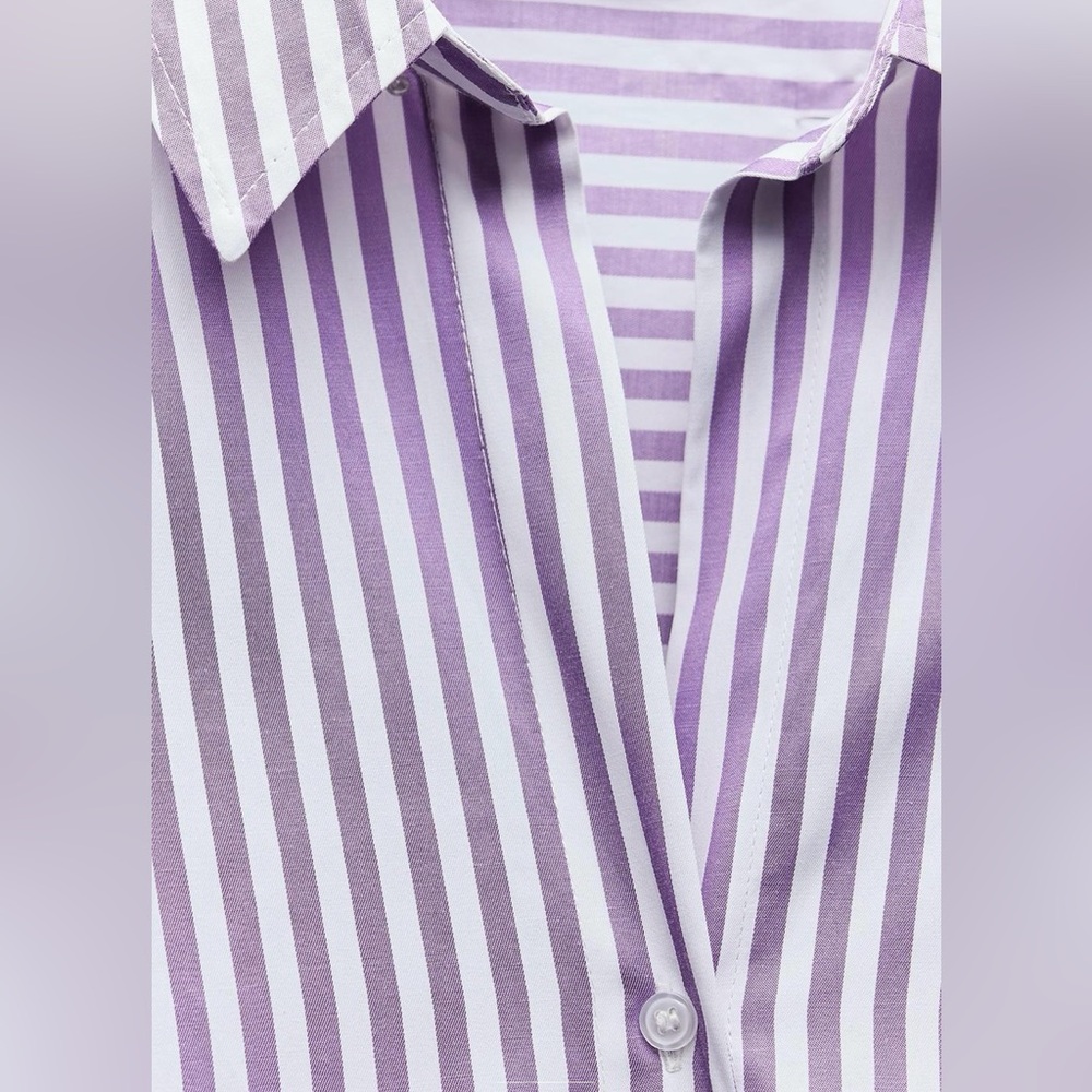 Zara Lilac & White Striped Poplin Button Front Shirt | Long  Sleeves | S | NWT - Picture 5 of 10